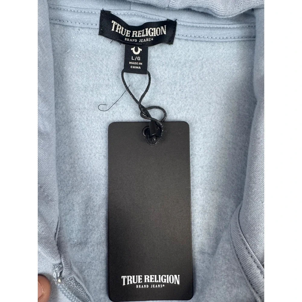 True Religion Mens Dusty Blue Full Zip Hoodie Horseshoe Buddha Logo NWT